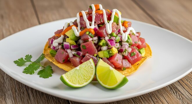 Fresh tuna tostada with avocado, red onion, cilantro, and lime wedges, artfully plated.