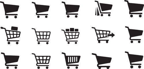 Shopping cart icons, e-commerce symbols, black vector graphics, 20 carts © fksamia