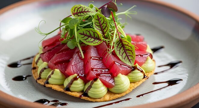 Elegant tuna tostada with piped avocado, fresh greens, and balsamic drizzle on a plate.