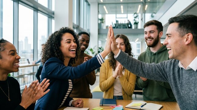 Cheerful multiethnic business team giving high five celebrating success in office, diverse happy creative colleagues enjoying victory, corporate teamwork achievement concept