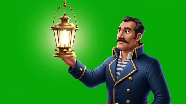 Sailor holding illuminated lantern with cinematic motion against green screen background
