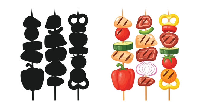 Kebab Skewers With Colorful Food And Black Silhouette