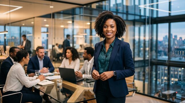 Portrait of smiling African American businesswoman standing in modern office boardroom with diverse corporate team blurred background business leader concept.