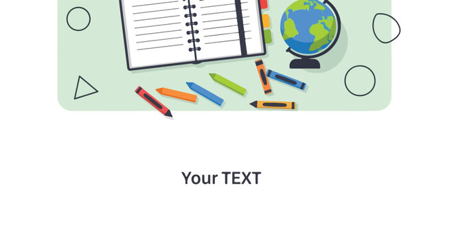An open notebook, a globe, and several colorful pencils are arranged on a light green surface with geometric shapes.