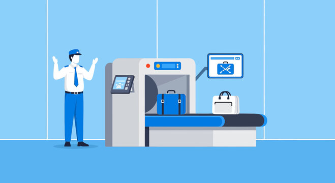 Airport security screening, luggage x-ray machine, guard with hands up