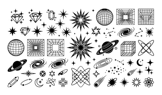 Y2K retro bling vector illustration set with sparkles galaxies and cosmic shapes