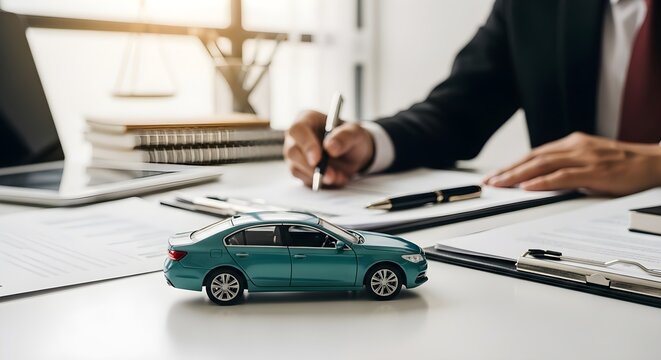 Closeup of a car insurance agent signing a contract with a miniature car model on the desk