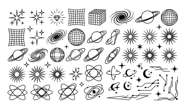 Retro Y2K sparkle vector set with stars galaxy rings and wireframe elements