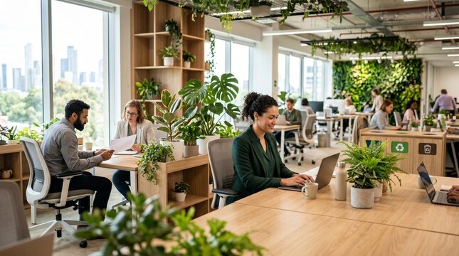 Modern biophilic open space office with diverse team of professionals working at desks. Corporate workspace filled with green plants sustainable eco friendly design corporate culture.