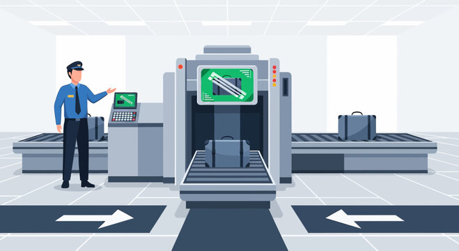 Airport Security Scanner, X-ray Machine, Baggage Check, Officer