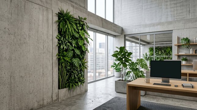 Modern eco friendly office interior with vertical green plant wall. Sustainable empty corporate workspace, concrete wall, wooden desk and computer monitor.