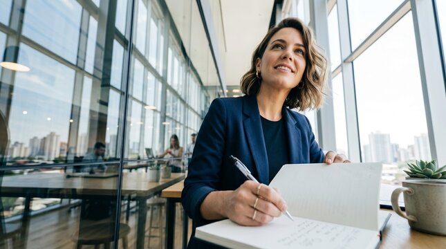 Happy young attractive female entrepreneur writing in notebook at modern glass office. Confident smiling businesswoman looking up thoughtfully thinking planning corporate strategy.