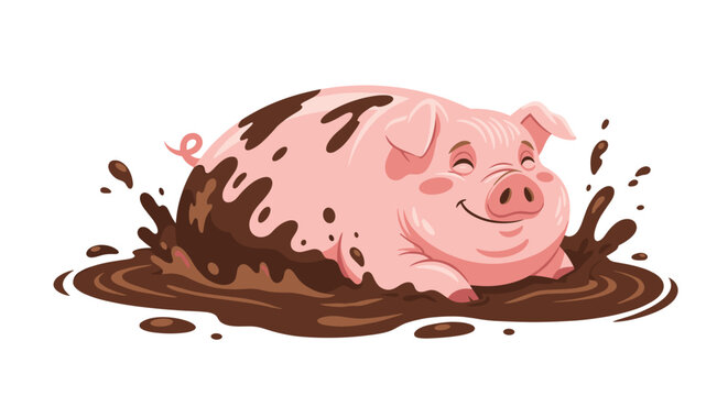 Happy pink pig splashing and playing in a large brown mud puddle with a big smile and a wagging curly tail in the farm.