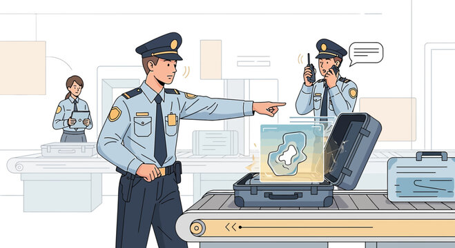 Airport security screening a suspicious suitcase with map of island