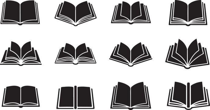 Black book icons, open and closed, vector illustrations, 12 pcs