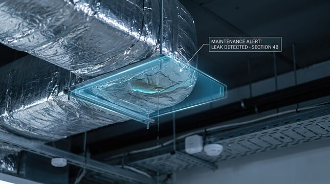 Maintenance alert leak detected on ceiling duct with water dripping highlighting importance of preventive maintenance to avoid damage and ensure system efficiency in industrial settings
