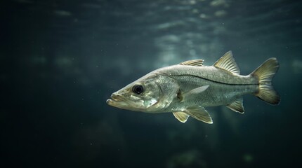 Fototapeta premium A single snook fish swimming underwater in dark ocean depths.