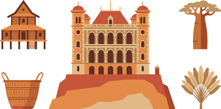 Madagascar culture and landmark vector set with Rova of Antananarivo palace baobab tree stilt house and woven basket elementsMadagascar culture and landmark vector 