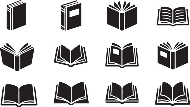 Black book icons, open and closed, vector illustrations, 12 pcs