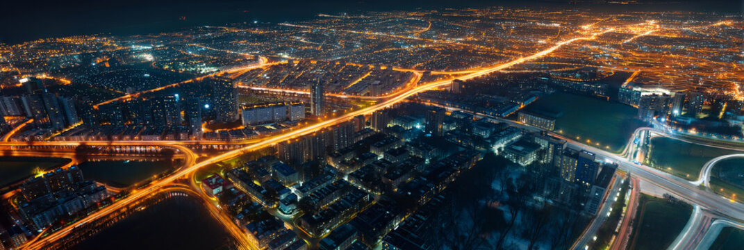 Pulsing orange light trails map a vast urban network from above, evoking data flow, smart city infrastructure, and global connectivity. Perfect for tech, AI, and innovation campaigns.