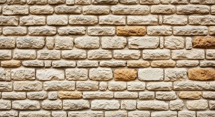 Fototapeta premium Rustic stone wall texture with natural beige and tan rectangular blocks for architectural backgrounds