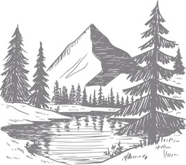 Obraz premium Hand-drawn of a serene mountain lake with pine trees and snow-capped peaks