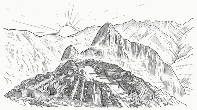Ancient Inca Ruins Overlooking Misty Mountain Landscape in Black and White Sketch Style