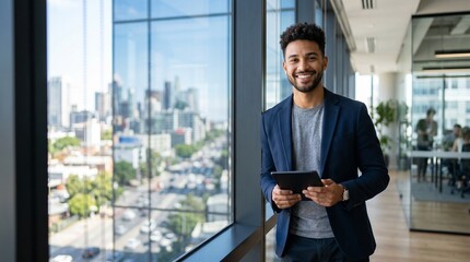 Plakat Portrait of handsome smiling young black businessman in suit holding digital tablet near panoramic office window successful entrepreneur corporate worker city background commercial concept