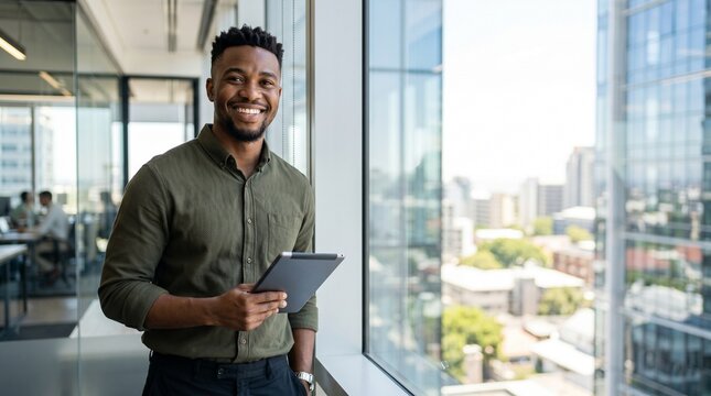 Smiling young black businessman holding tablet by office window confident male entrepreneur professional corporate worker successful manager portrait modern workspace commercial concept