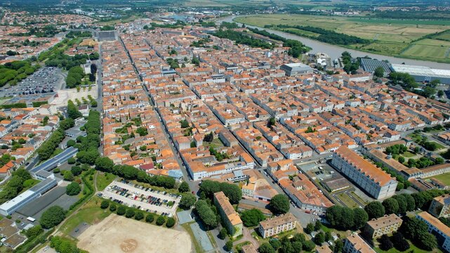 Aerial view beside the old town of the city Rochefort, France on a sunny summer noon