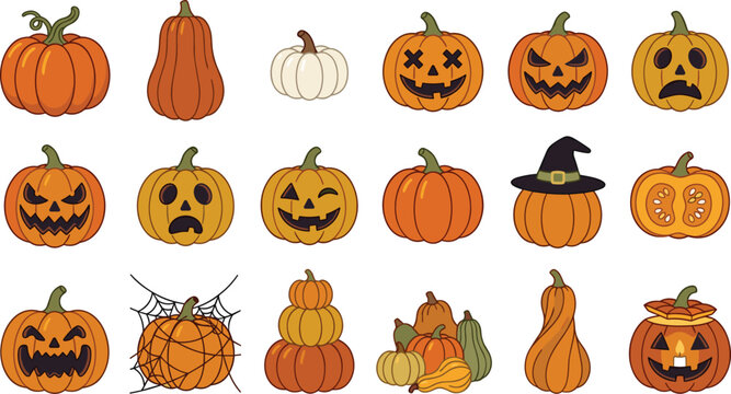 Halloween pumpkin collection featuring jack o lantern faces autumn gourds and festive seasonal decorations