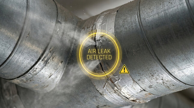 Air leak detected equipment inspection concept with damaged metal pipe showing steam escaping and warning sign for maintenance and safety control