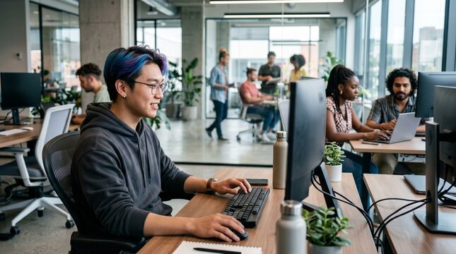 Smiling millennial asian male software developer with colorful hair using computer working at contemporary corporate open plan office