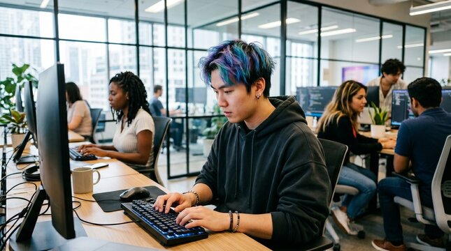Concentrated Gen Z Asian software engineer with colorful hair typing on keyboard while coding in modern corporate tech office, young male programmer developer working at computer desktop