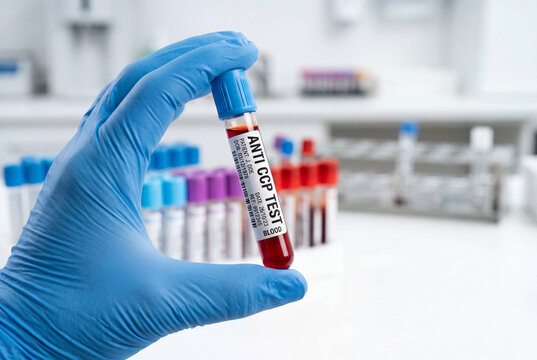 Medical hand holding anti CCP test blood sample tube