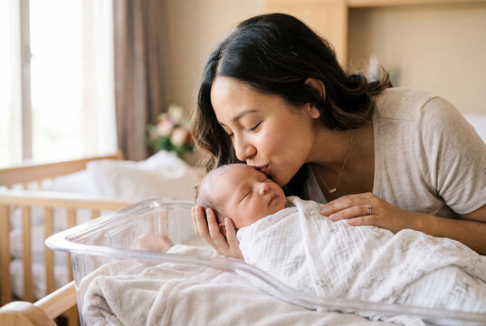 Tender mother kissing forehead of sleeping newborn baby in hospital