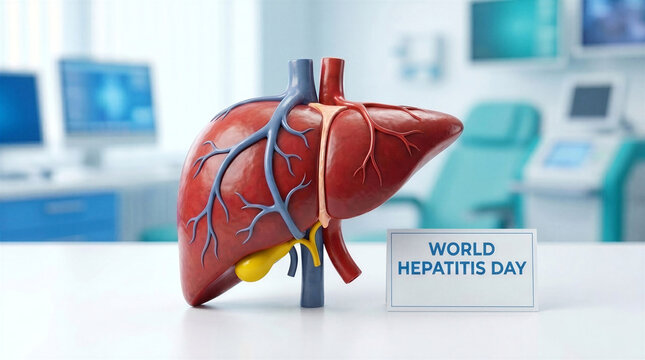 Liver model displayed with World Hepatitis Day sign in clinic  