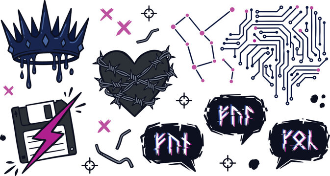 Cyberpunk gothic sticker vector set with dripping crown barbed wire heart floppy disk circuit board and glitch rune speech bubblesCyberpunk gothic sticker vector set with 