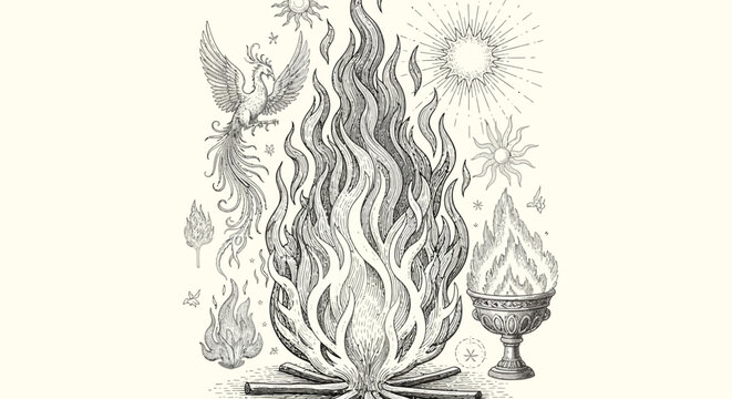 Vintage phoenix rising from flames alchemical line art.