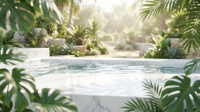 Premium Wellness Spa Background with White Marble Surface Shimmering Water Reflections and Lush Botanical Green Leaves in Bright Natural Daylight
