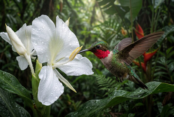 Fototapeta premium Ruby throated hummingbird feeding on white ginger lily flower
