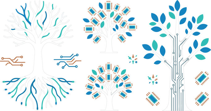 Technology digital tree vector set with electronic circuit board nodes microchip leaves roots and tech data concept elementsTechnology digital tree vector set with electronic 