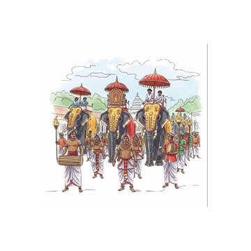 Sri Lankan Esala Perahera Festival Procession with Decorated Elephants Traditional Cultural Watercolor Illustration