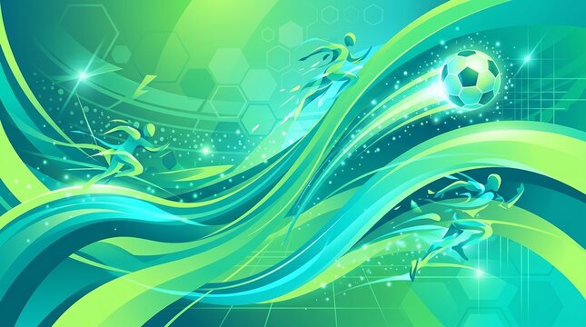 Abstract football motion background with dynamic green and blue waves featuring stylized soccer players and a glowing ball in fast action