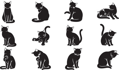 Black cat silhouettes, feline icons, cat graphics, animal illustrations © fksamia