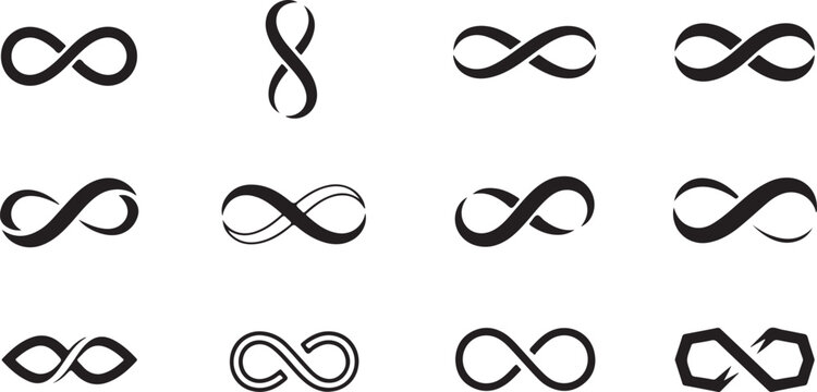 Infinity symbols, black icons, 12 signs, mathematical graphics, vector set