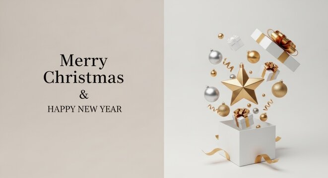 Merry christmas and happy new year festive greeting card with exploding gift box