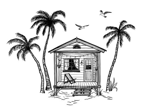 Hand-drawn beach hut, palm trees and flying seagulls, summer black and white composition with symbols beach, sea and travel, tropical landscape. Vector illustration for poster, print or banner
