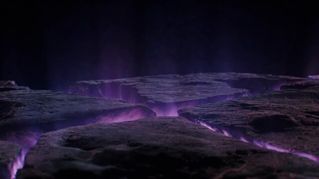 Cracked stone ground with glowing purple light shown in digital style on dark background, concept of mystical energy