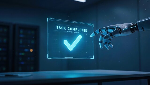 Hand checking task completion on digital interface in futuristic office with holographic checkmark